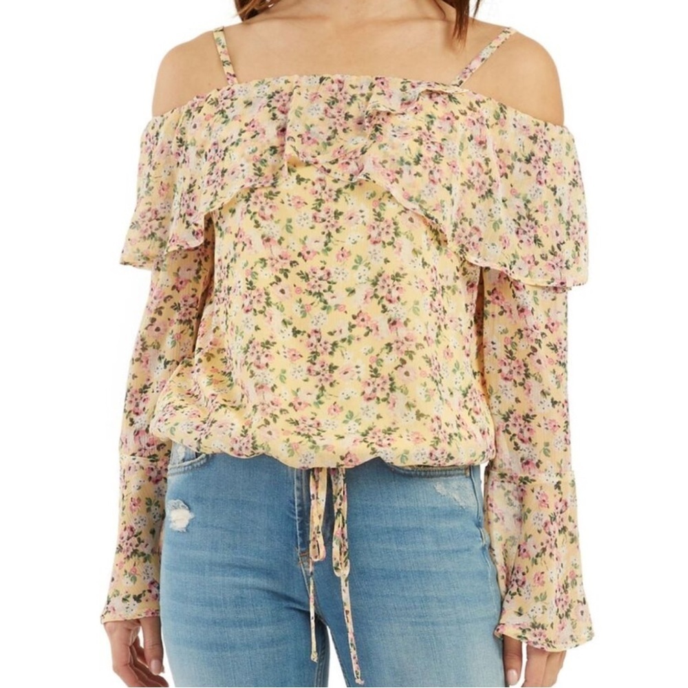 BCX Womens Yellow Sheer Tie Hem Lined Long Sleeve Off Shoulder Small